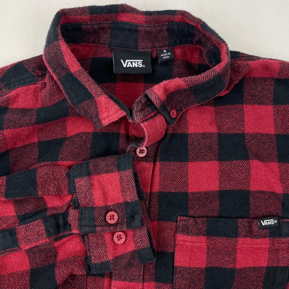 Vans Mens Buffalo Plaid Flannel Shirt Red Black Long Sleeve Button Up Small
